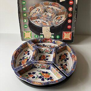 Vtg Dynasty Imari Lazy Susan 5 Section Floral Japanese Porcelain Revolving Set